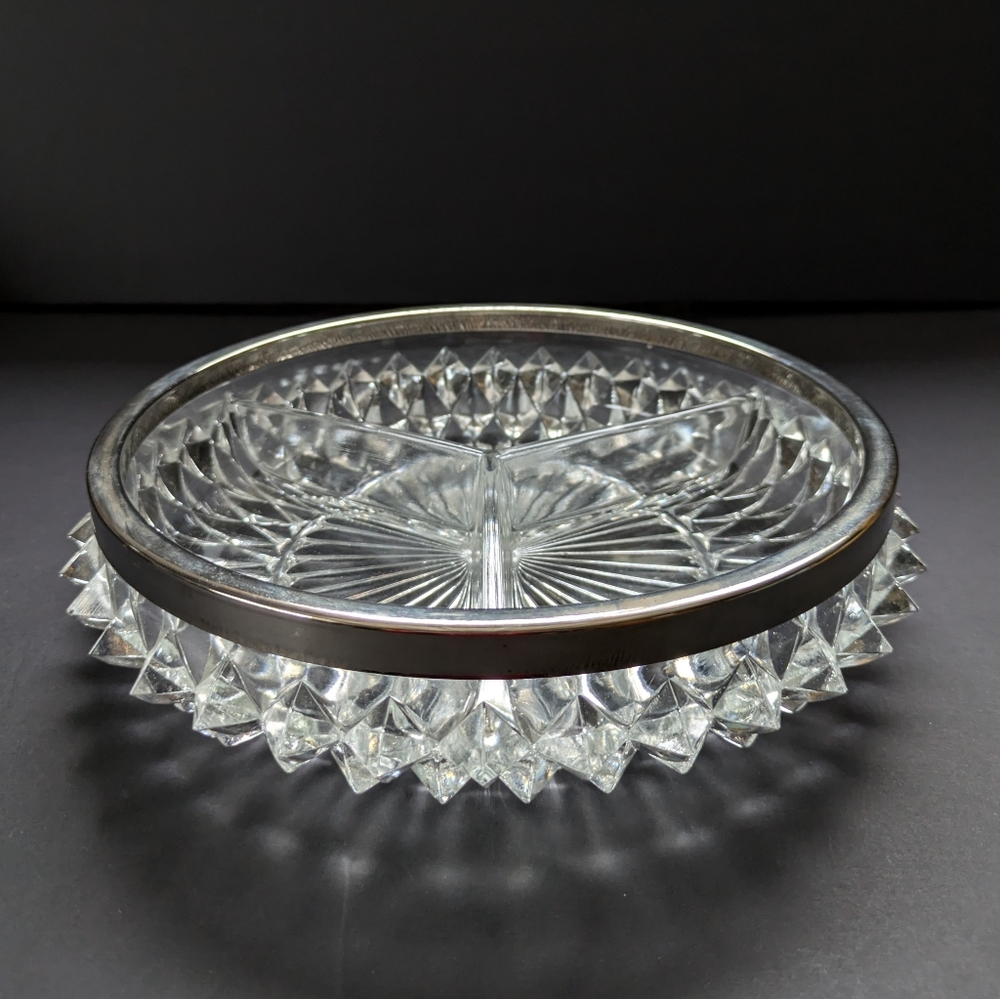 Vintage Glass Serving Dish Shallow Candy Bowl Silver Rim Diamond Point 8 3/4"